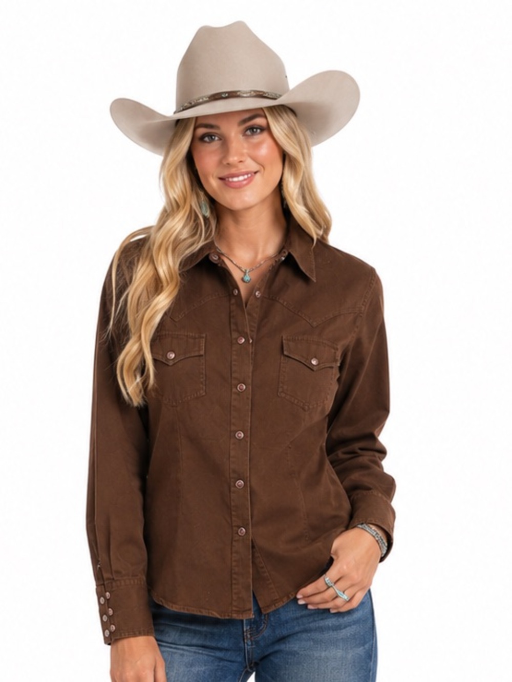 Adobe Rose Women’s L Brown Western Snap Shirt Cowgirl Rodeo Ranchwear